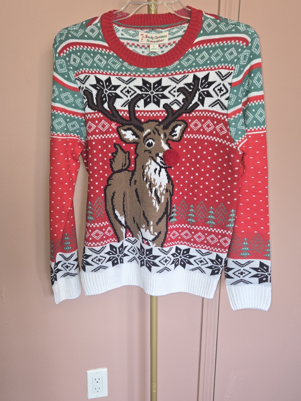 Festive Reindeer Crewneck Sweater - Red, Green & White